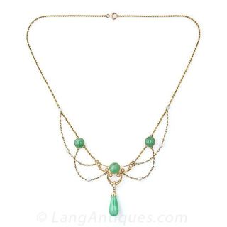 Art Nouveau Krementz Jade and Pearl Necklace
