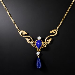 Art Nouveau Lapis and Pearl Necklace - 3