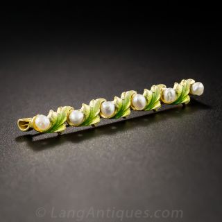Art Nouveau Leaf and Pearl Bar Pin by Krementz