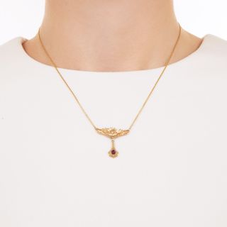 Art Nouveau Lily Pad Garnet Necklace