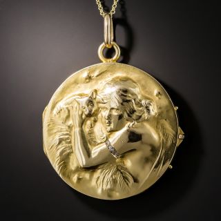 Art Nouveau Locket with Woman and Kitten
