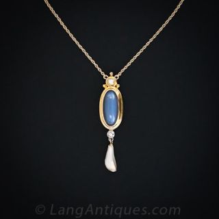 Art Nouveau Moonstone and Sawtooth Pearl Pendant
