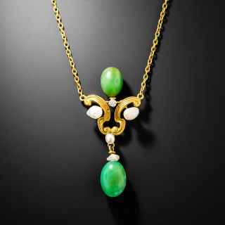 Art Nouveau Natural Chrome Chalcedony and Natural Pearl Necklace - 3