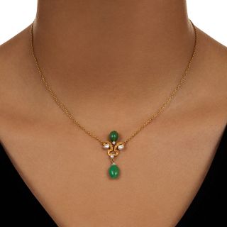 Art Nouveau Natural Chrome Chalcedony and Natural Pearl Necklace