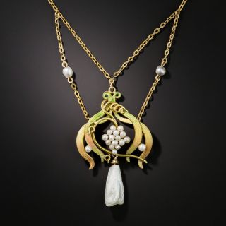 Art Nouveau Natural Freshwater Pearl and Enamel Festoon Necklace - 2 
