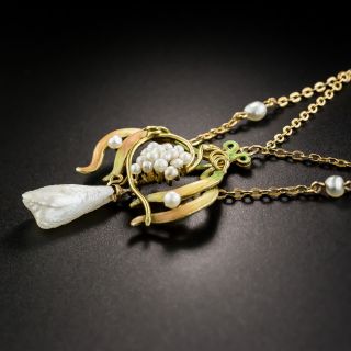 Art Nouveau Natural Freshwater Pearl and Enamel Festoon Necklace 