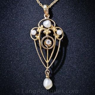 Art Nouveau Natural Pearl and Diamond Lavalier