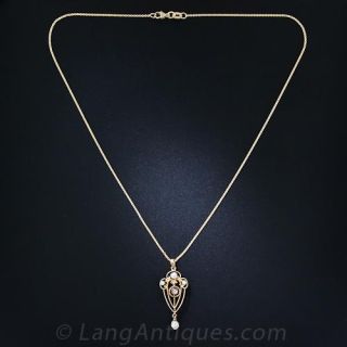 Art Nouveau Natural Pearl and Diamond Lavalier