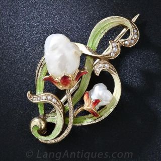 Art Nouveau Natural Pearl and Enamel pin