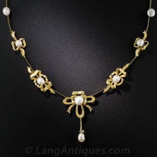 Art Nouveau Natural Pearl Ribbon Collar Necklace