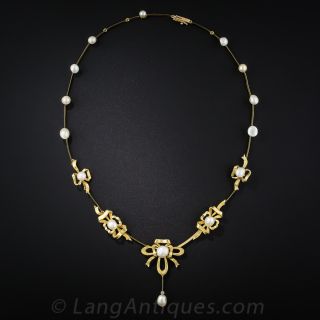 Art Nouveau Natural Pearl Ribbon Collar Necklace