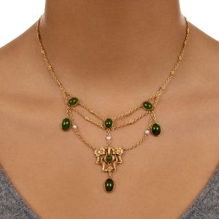 Art Nouveau Nephrite and Pearl Necklace