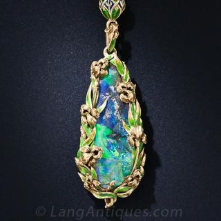 Art Nouveau Opal and Enamel Pendant Necklace - 1