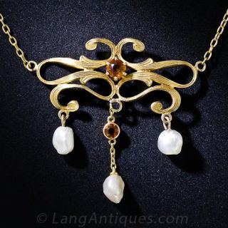 Art Nouveau Pearl and Citrine Necklace