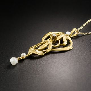 Art Nouveau Pearl and Diamond Necklace