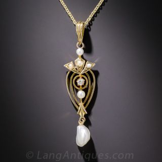 Art Nouveau Pearl and Diamond Pendant