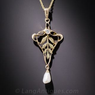 Art Nouveau Pearl and Diamond Pendant