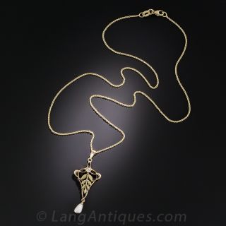 Art Nouveau Pearl and Diamond Pendant