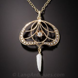 Art Nouveau Pearl and Diamond Pendant