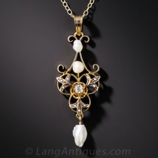 Art Nouveau Pearl and Diamond Pendant