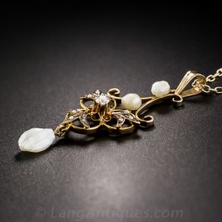 Art Nouveau Pearl and Diamond Pendant