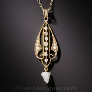 Art Nouveau Pearl and Diamond Pendant