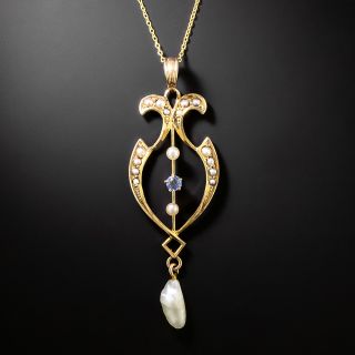 Art Nouveau Pearl and Sapphire Lavalier Pendant - 2