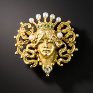 Art Nouveau Pearl Diamond and Demantoid Pin - 1
