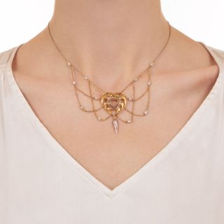 Art Nouveau Pearl Heart Necklace