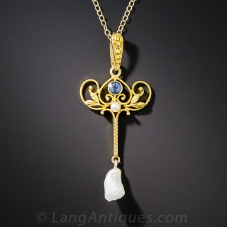 Art Nouveau Pearl, Sapphire and Diamond Drop by Krementz