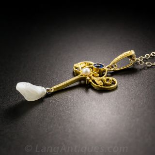 Art Nouveau Pearl, Sapphire and Diamond Drop by Krementz