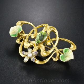 Art Nouveau Peridot and Enamel Pin