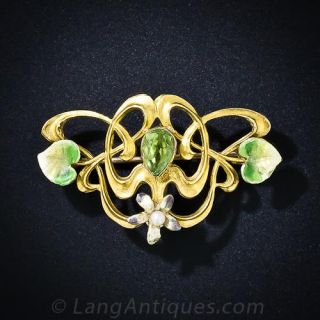 Art Nouveau Peridot and Enamel Pin