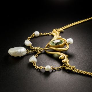 Art Nouveau Peridot And Freshwater Pearl Necklace