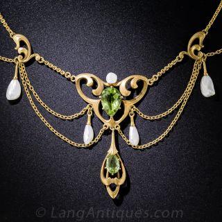 Art Nouveau Peridot and Freshwater Pearl Swag Necklace - 1