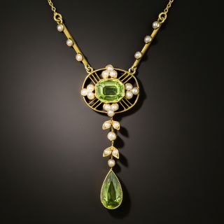 Art Nouveau Peridot and Pearl Drop Necklace - 2