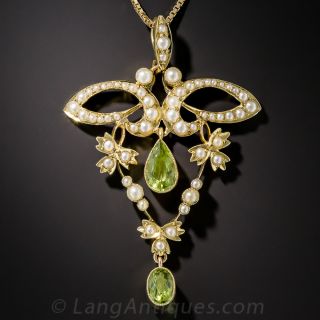 Art Nouveau Peridot and Seed Pearl Pendant Necklace