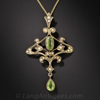 Art Nouveau Peridot and Seed Pearl Pendant Necklace
