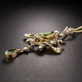 Art Nouveau Peridot and Seed Pearl Pendant Necklace
