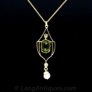 Art Nouveau Peridot, Diamond and Natural Pearl Pendant