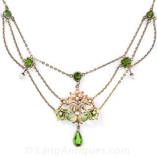 Art Nouveau Peridot-like Enamel and Pearl Necklace