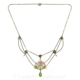 Art Nouveau Peridot-like Enamel and Pearl Necklace