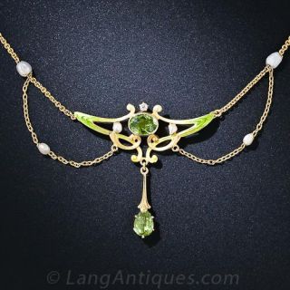 Art Nouveau Peridot, Pearl and Enamel Necklace