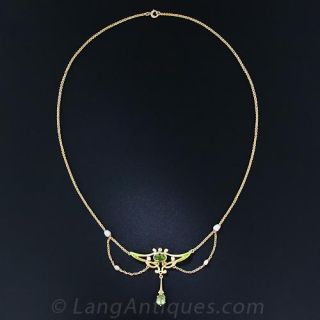 Art Nouveau Peridot, Pearl and Enamel Necklace