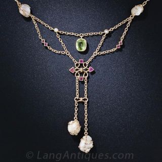 Art Nouveau Peridot, Pearl and Ruby Necklace