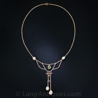 Art Nouveau Peridot, Pearl and Ruby Necklace