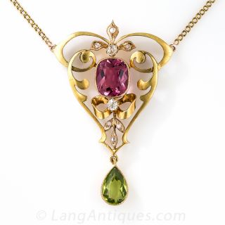 Art Nouveau Peridot, Tourmaline and Diamond Lavalier c.1900