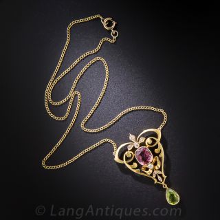 Art Nouveau Peridot, Tourmaline and Diamond Lavalier c.1900