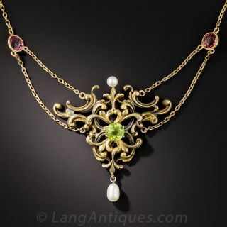 Art Nouveau Peridot, Tourmaline and Pearl Necklace