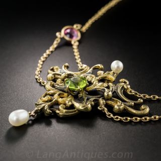 Art Nouveau Peridot, Tourmaline and Pearl Necklace